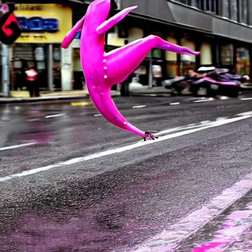 Image similar to hyper realistic, photo, humanoid pink female Squid girl, popping wheelie on motorcycle fast in the rainy city traffic