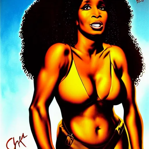 Prompt: chaka khan by clyde caldwell, very detailed, low contrast, dark background, 4 k