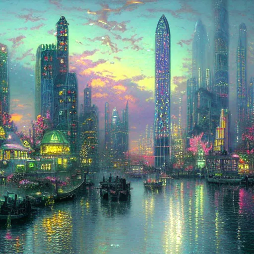 Prompt: A futuristic city by Thomas Kinkade