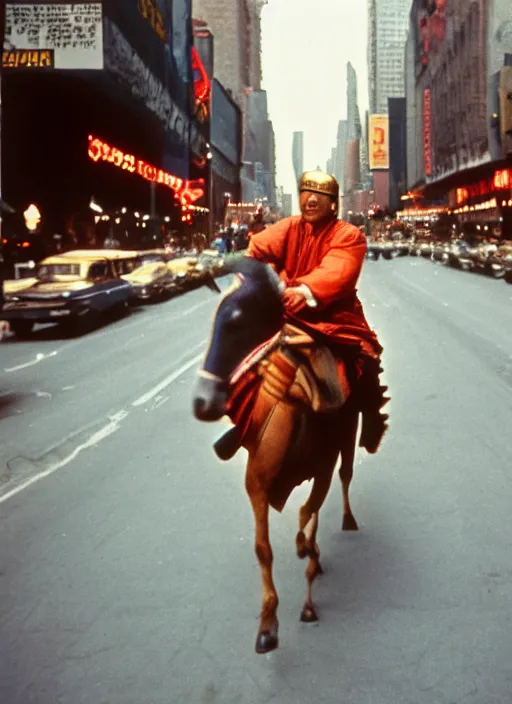 Image similar to a 35mm photograph of Genghis Khan riding a horse down a New York city street in the 1960's, bokeh, Canon 50mm, cinematic lighting, photography, retro, film, Kodachrome