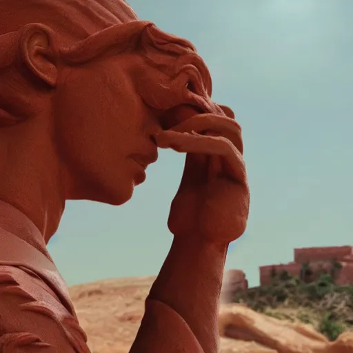 Image similar to cinematic still of a gust of wind blowing red clay into the shape of a red clay sculpture of 30 year old middle eastern man head and shoulders, strong, muscular, mysterious, fantastical, miraculous, epic, light rays, cinematic, Biblical epic directed by Steven Spielberg