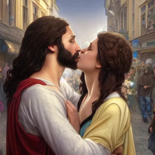 Prompt: jesus kissing a woman in a street, elegant, highly detailed, digital painting, artstation, concept art, matte, sharp focus, highly detailed, 4 k, hdr, smooth, sharp focus, high resolution, award - winning photo, photorealistic, art by artgerm and greg rutkowski and alphonse mucha, large shot