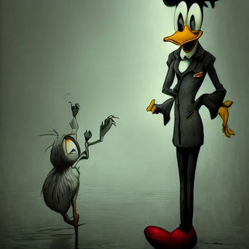 Image similar to michael karcz grunge drawing of donald duck. , in the style of corpse bride, loony toons style, horror themed, detailed, elegant, intricate, trending on artstation, 4k