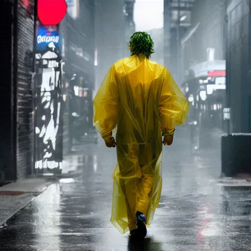 Prompt: The Joker (2019) wearing a transparent raincoat