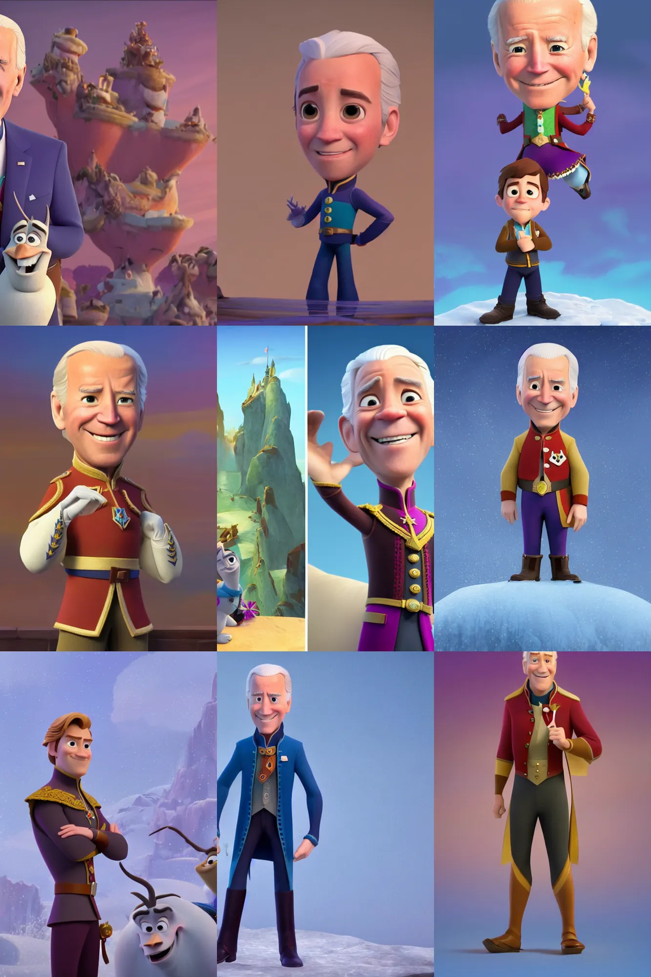 Prompt: a joe biden as a handsome prince, in, pixar and disney animation character design, sharp, rendered in unreal engine 5, anime key art by disney infinity, frozen, tangled, bloom, dramatic lighting, sunrise, rendered in renderman