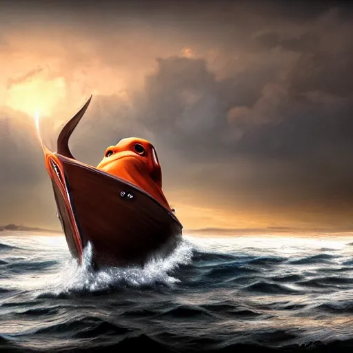 Image similar to photorealistic photograph of Nemo touching the boat, realism, 4k, trending on artstation, award-winning art