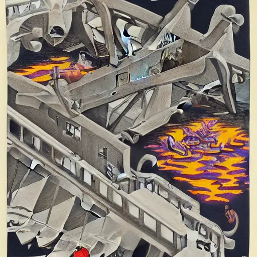 Image similar to Original M.C. Escher lithograph of the immorality of war, accurate details, hyperrealistic, extremely detailed, in the style of Lisa Frank