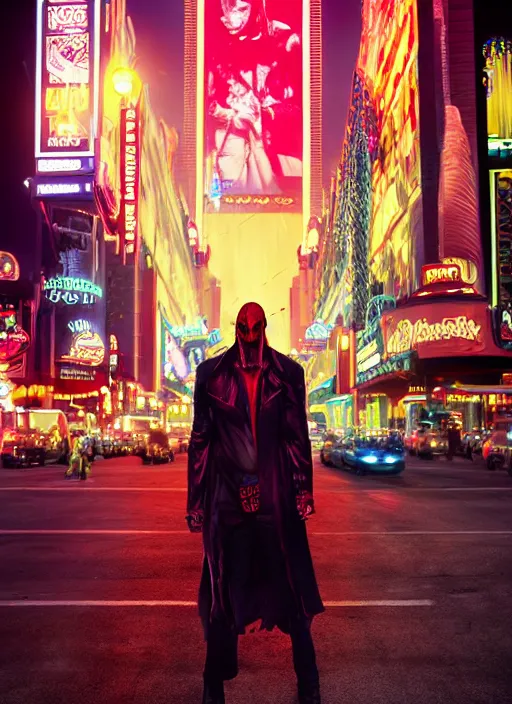 Image similar to 35mm kodak portra photograph of a shadowrun vampire on the Las Vegas strip at night by tomer hanuka and tom bagshaw, handsome face, blood, urban fantasy, hyper realism, high detail, octane render, 8k, trending on artstation, CGsociety, concept art