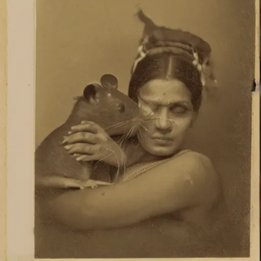 Prompt: a photograph of a rat sitting on the head of a beautiful Nordic-Indian woman. long shot, micro-details.