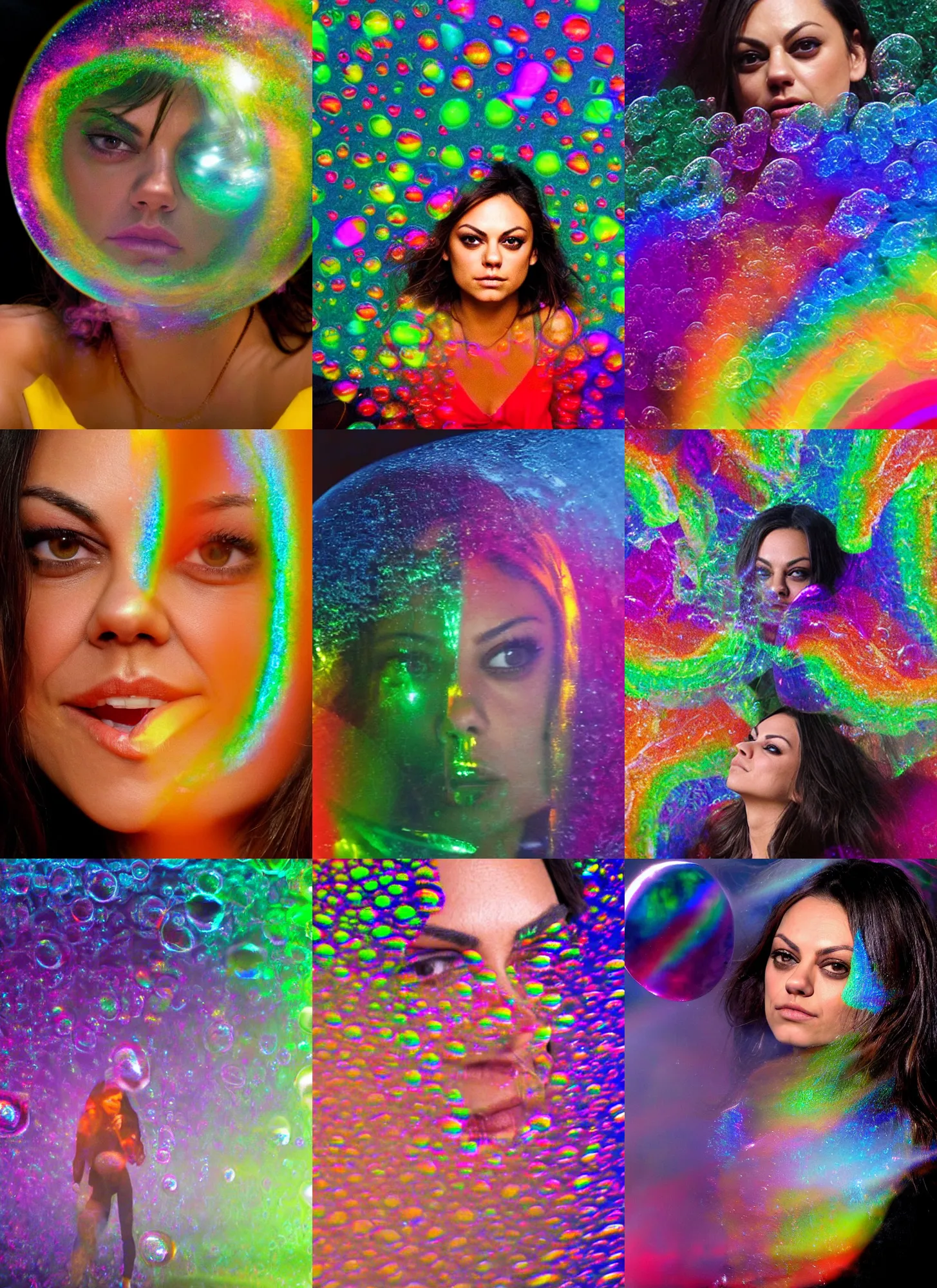 Prompt: Mila Kunis reflected in a highly reflective rainbow bubbles with smoke inside