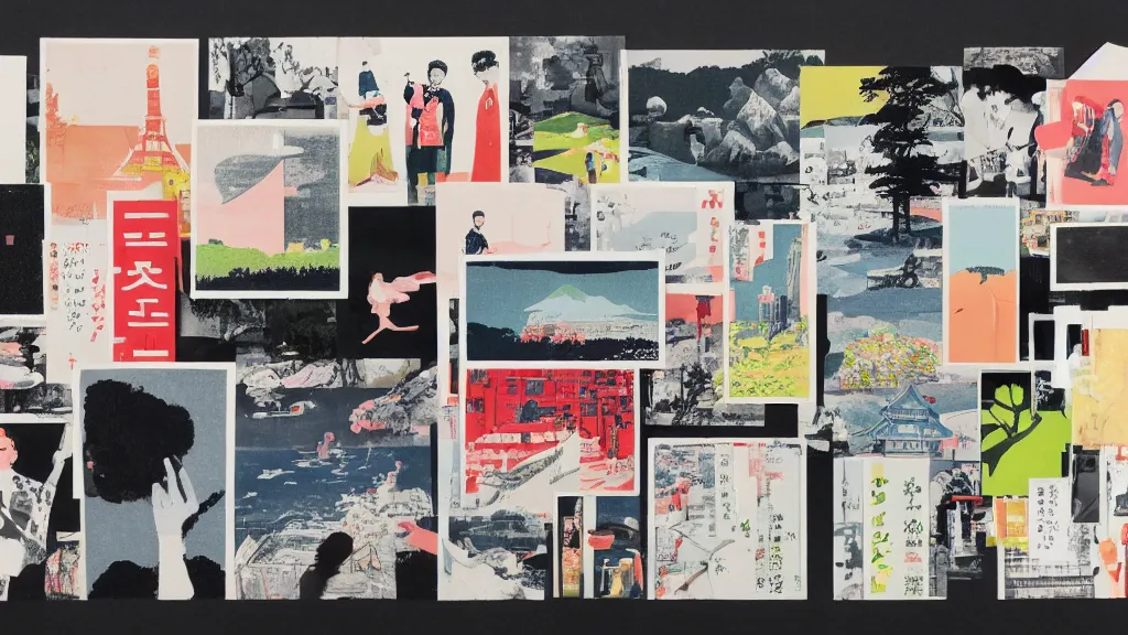 Image similar to an arrangement of postcards, japan, a collage painting, in the style of wes anderson, lola dupre, david hockney, isolated on negative white space background dark monochrome neon spraypaint accents volumetric octane render