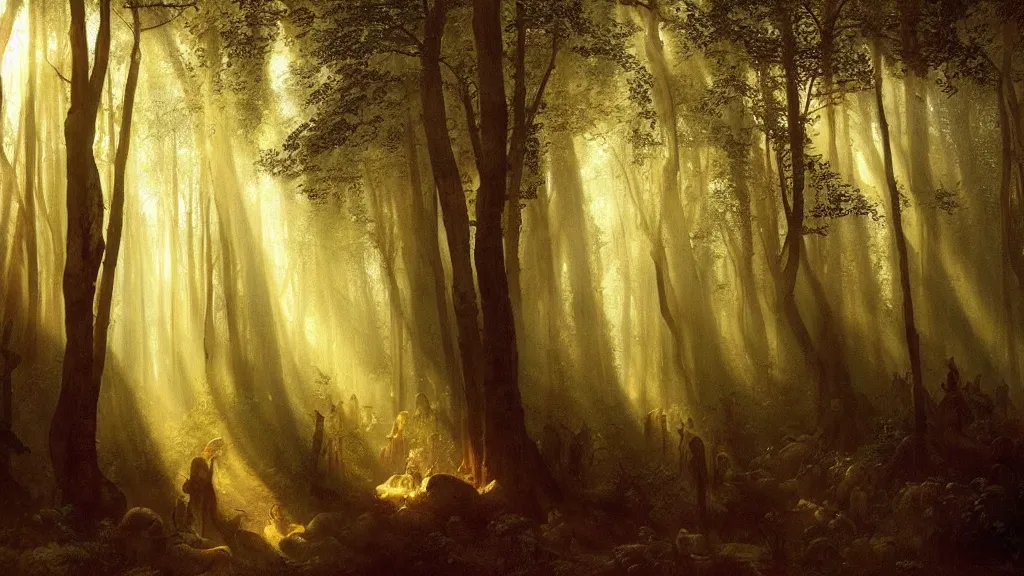 Image similar to A Leonardo da Vinci oil painting of a hauntingly beautiful elven forest in the morning; rays of light coming through the canopy; trending on artstation; extraordinary masterpiece!!!!!!; 8k