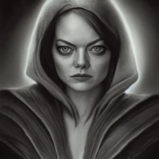 Image similar to hyper realistic pencil drawing of emma stone as an eldritch princess, cloak, fantasy, dark, stunning, detail, sharp