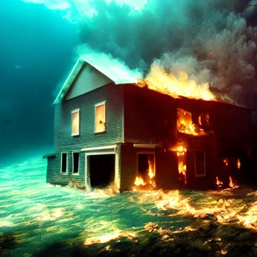 Prompt: photo of a burning house underwater, cinematic