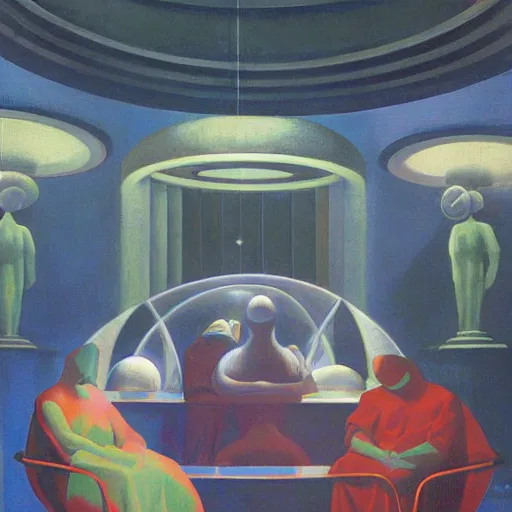 Image similar to three brutalist robotic seers watchers oracles soothsayers inside a dome, pj crook, grant wood, edward hopper, syd mead, chiaroscuro, oil on canvas