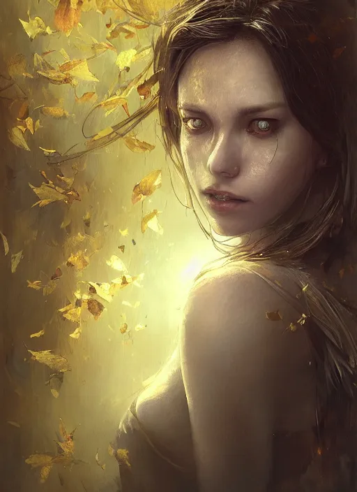 Image similar to golden leaves at frame border, creative composition for a book cover, moon, beautiful portrait painting by jeremy mann, a female witch absurdly beautiful, ultrafine hyperrealistic detailed face by wlop and artgerm and greg rutkowski, intricate linework, sharp focus, smooth, octopath traveler, final fantasy, unreal engine, dramatic lighting, ethereal, 8 k