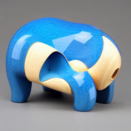 Prompt: a beautiful minimalist curvy shaped small sculpture of hippopotamus hippo baby, wood and blue translucent resin epoxy, cubic blocks mix stripes cuts, detailed, fine, gorgeous, glued, assemble