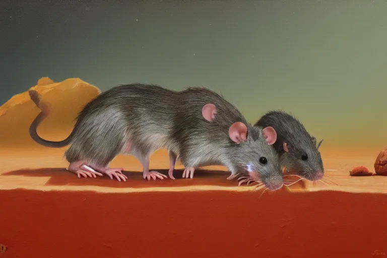 Prompt: still life of rats on mars, Noah Verrier, oil painting, trending