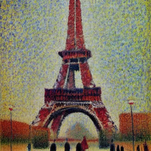 Image similar to eiffel tower building in paris, happy athmosphere, joy, impressionism, by georges seurat,