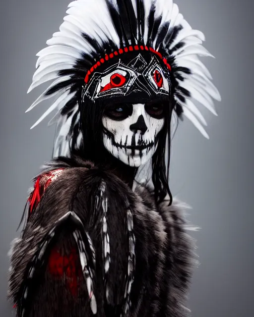 Image similar to the ghost - spirit of the grim - warpaint wears the scarlet skull armor and native blood headdress feathers, midnight fog - mist!, cinematic lighting, various refining methods, micro macro autofocus, ultra definition, award winning photo