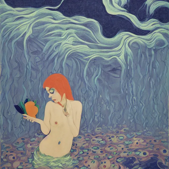 Image similar to tall emo female artist holding a blue starfish in her flooded kitchen, pomegranates, octopus, water gushing from ceiling, painting of flood waters inside an artist's apartment, a river flooding indoors, ikebana, zen, rapids, waterfall, black swans, canoe, berries, acrylic on canvas, surrealist, by magritte and monet