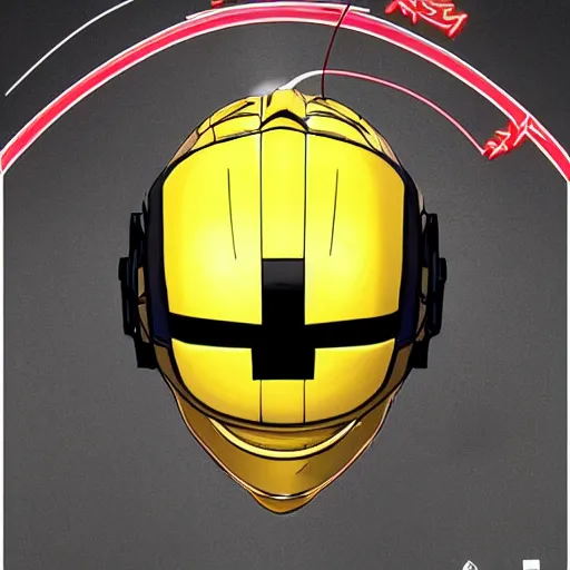 Image similar to symmetry!! portrait, head only, yellow ranger, thunderbolt - helmet!!, artstation, art by murata, art by oda echiiro, art by tatsuki fujimoto, lightning helmet, 3 d, jumpsuit, gloves, futuristic poster,