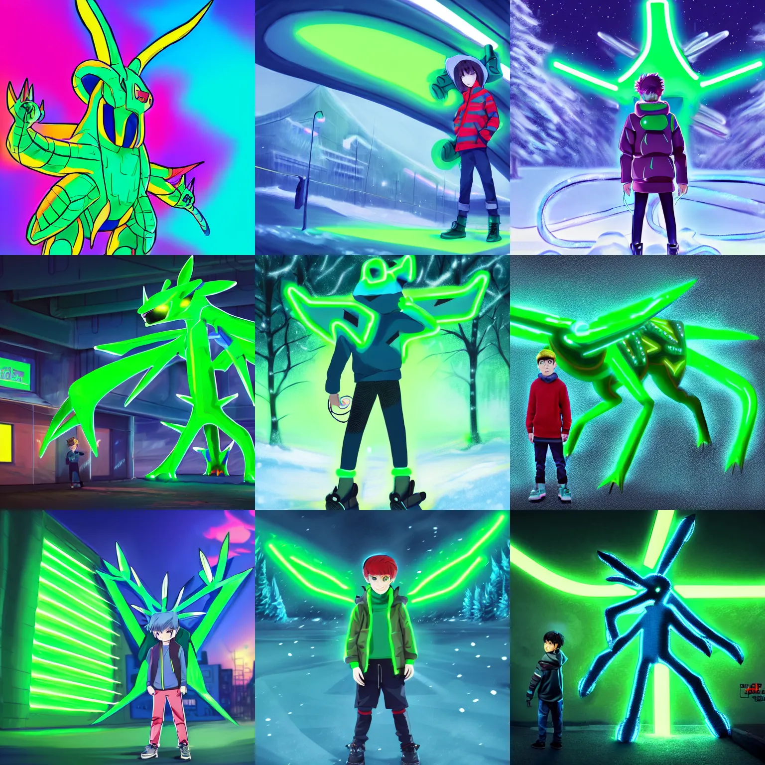 Prompt: a boy in winter clothing, standing in front of a big neon green dialga, concept art, digital art, very detailed, anime, pokemon, 8 k hd
