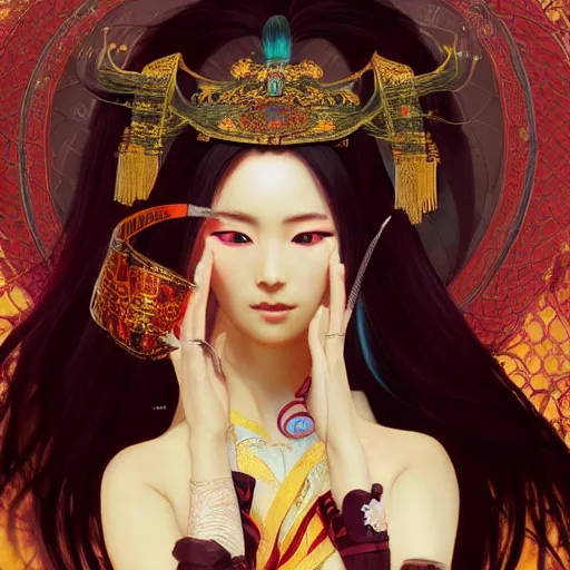 Prompt: a beautiful portrait of hatsune miku with long black and deep red colored hair dressed as a ancient chinese sorceress, intricate, elegant, highly detailed, digital painting, artstation, concept art, matte, sharp focus, illustration, art by greg rutkowski and alphonse mucha