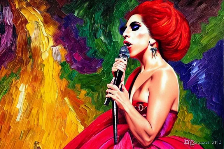 Prompt: highly detailed oil painting of lady gaga singing, colorful dress, very realistic, art nouveau, dramatic light,