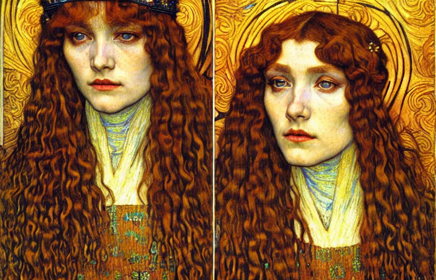 Image similar to detailed realistic beautiful young medieval queen face portrait by jean delville, gustav klimt and vincent van gogh, art nouveau, symbolist, visionary, gothic, pre - raphaelite, muted earthy colors, desaturated