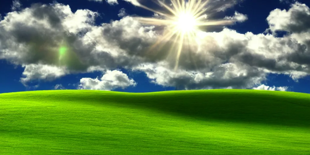 Image similar to a highly detailed 4 k photograph of the windows xp bliss wallpaper emerging from the heavens. h 5 7 6
