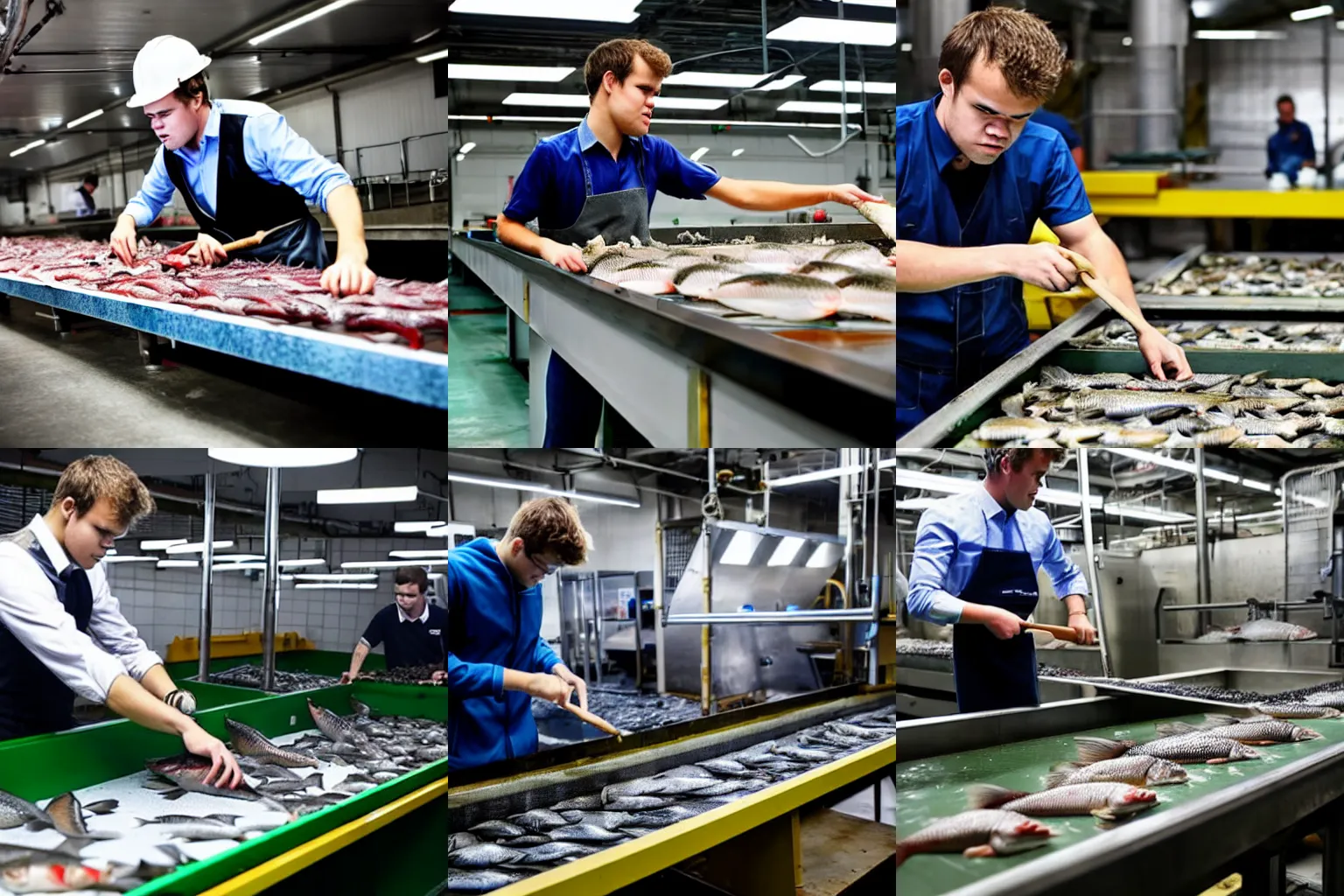 Image similar to Magnus Carlsen gutting fish at a fish factory floor, conveyor belt