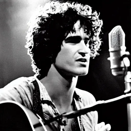 Image similar to a movie still of Tim Buckley singing on stage with Jeff Buckley, 8k, Technicolor, telephoto lens, vintage photograph, historical archive, detailed skin, detailed eyes