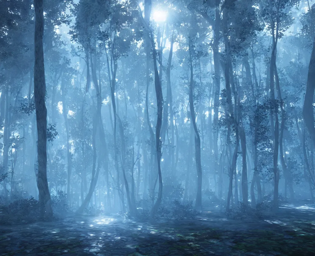 Image similar to blue forest, glowing, unreal engine 5, raytracing, hyperreal, digital art, highly detailed, artstation