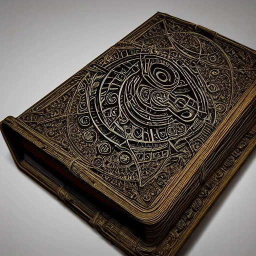 Image similar to an ancient ornate intricate old tome spell book with the sigil symbol of an eye emblazoned on the cover, cinematic, realistic, intricate detail, finely detailed, small details, extra detail, photorealistic, high resolution, 3 d, pbr, path tracing, volumetric lighting, octane render, arnold render, 8 k