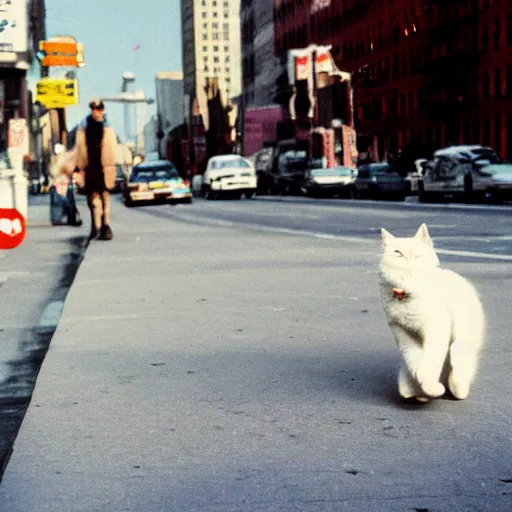 Prompt: leica s photograph, kodachrome film, subject is a white furry cat skateboarding down broadway in nyc