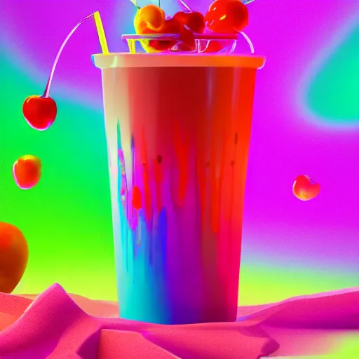 Prompt: cherry limeade smoothie in a big gulp cup, intricate complexity, neon rainbow drip paint, trending on art station, photoreal, surrealist neon drip, 8 k, octane render