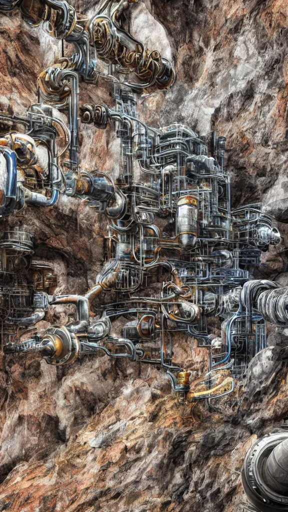 Prompt: cinematic ultra realistic photography of the complex magical machine embedded within the mountain, colourful sedimentary and igneous rock and marble, rock textures industrial machinery, pistons, pipes and valves, super conducters, circuitry. 8k 3D geology