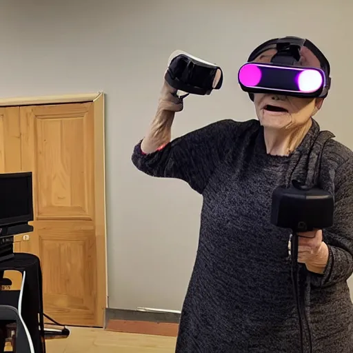 Image similar to very old woman with vive trackers and vr headset recording mocap
