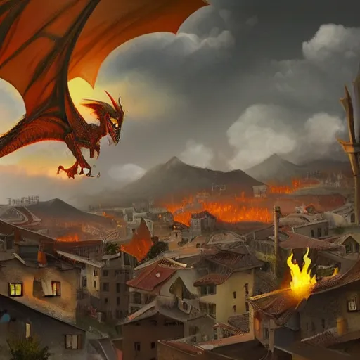 Prompt: a large dragon flying above a mid century village and blowing fire to the buildings below. Moody paining trending on artstation