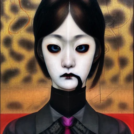 Image similar to yoshitaka amano blurred and dreamy realistic three quarter angle portrait of a young woman with black lipstick and black eyes wearing dress suit with tie, junji ito abstract patterns in the background, satoshi kon anime, noisy film grain effect, highly detailed, renaissance oil painting, weird portrait angle, blurred lost edges