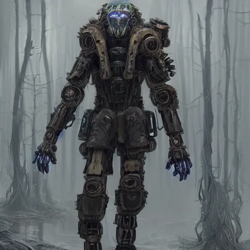 Image similar to Huntsman in combat dieselpunk giant walker exoskeleton with wooden details walks between the mystical foggy swamp. Style as if Dan Mumford and Tsutomu Nihei make game in Unreal Engine, photorealism, colorful, finalRender iridescent fantasy concept art 8k resolution concept art ink drawing volumetric lighting bioluminescence, plasma, neon, brimming with energy, electricity, power, Colorful Sci-Fi Steampunk Biological Living, cel-shaded, depth, particles, lots of reflective surfaces, subsurface scattering