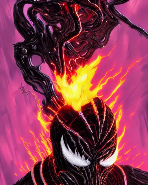 Image similar to ghost rider symbiote, purple and red variant, dynamic lighting, fantasy concept art, trending on art station, stunning visuals, creative, cinematic, ultra detailed, comic strip style