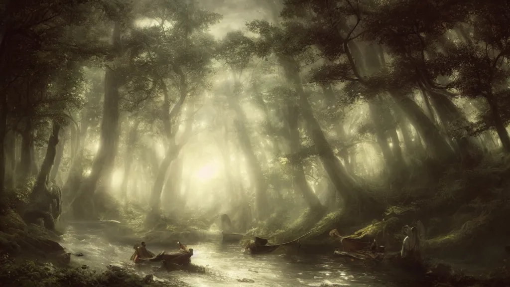 Image similar to [ searching for tom bombadil ] andreas achenbach, artgerm, mikko lagerstedt, zack snyder, tokujin yoshioka