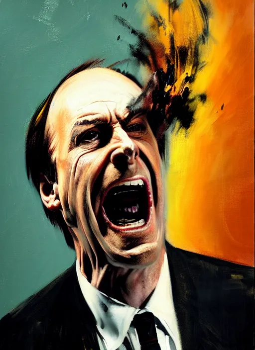 Image similar to saul goodman, screaming, painting by phil hale, sir francis bacon,'action lines '!!!, graphic style, visible brushstrokes, motion blur, blurry