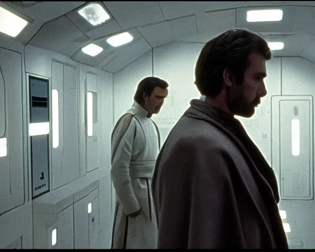 Image similar to screenshot sith android in a cloning lab, pensive, iconic scene from 1 9 8 0 s star wars film directed by ridley scott, in a sci fi architecture, last jedi, 4 k hd sharp, cinematic still frame, photoreal, detailed face, moody lighting, stunning cinematography, anamorphic lenses, kodak color film stock