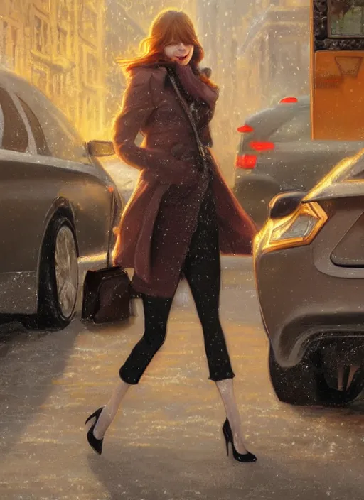 Image similar to ultra realistic illustration, emma stone getting out of a taxi in winter, intricate, elegant, highly detailed, digital painting, artstation, concept art, smooth, sharp focus, illustration, art by artgerm and greg rutkowski and alphonse mucha