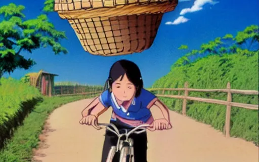 Prompt: a young girl riding a bike with a basket on a dirt path, 1970s philippines, art by hayao miyazaki, studio ghibli film, hi res, 4k