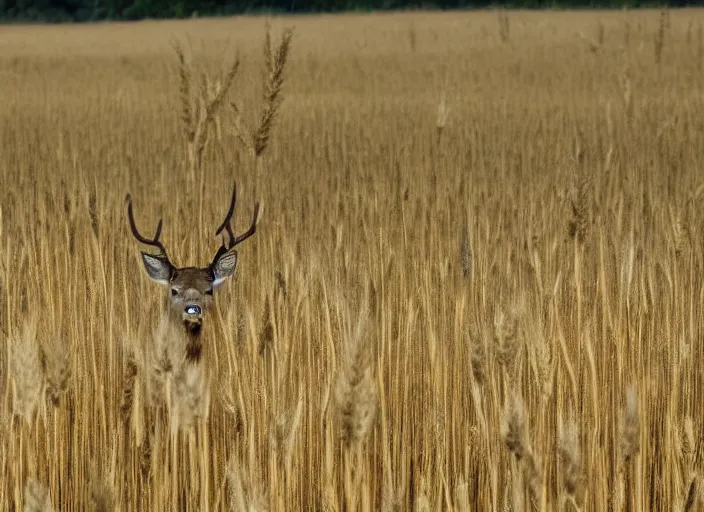 Prompt: A photo of a deer standing in a wheat field surrounded by a forest