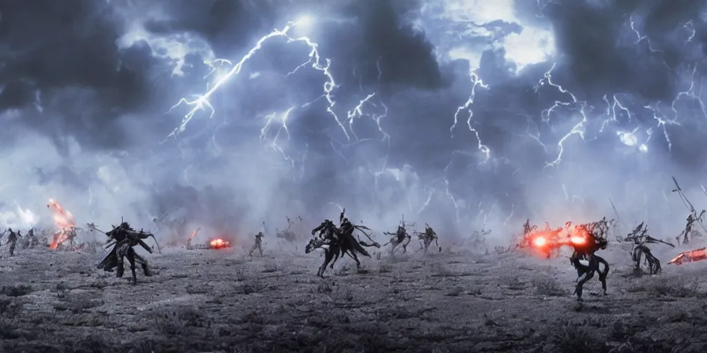 Image similar to a promotional movie still medium - shot view from terminator ( t 2 ) depicting the battle of the little bighorn. majestic sweeping action, dramatic lighting, cinematic lighting, hyperdetailed, artstation, cgsociety, 8 k, 4 k.